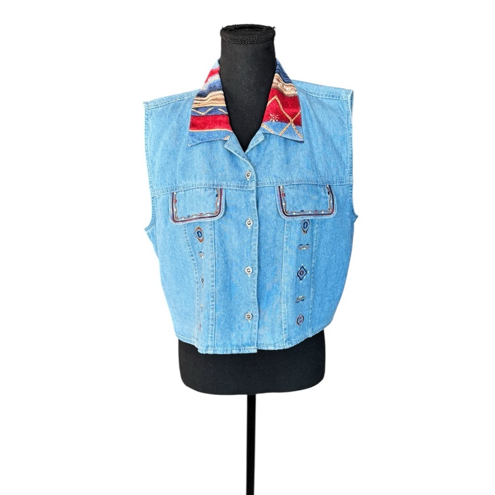 Vintage 90s Southwestern Denim Vest Boho Festival Western Embroidered Crop Med - Picture 2 of 7